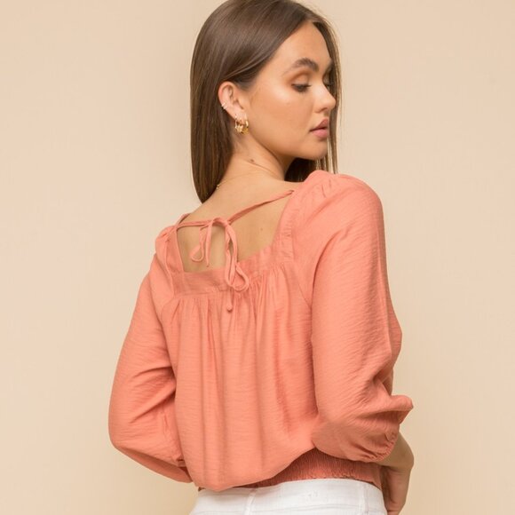 HEM & THREAD Terracotta Square Neck Button Front Blouse | Balloon Sleeve a - Picture 2 of 6